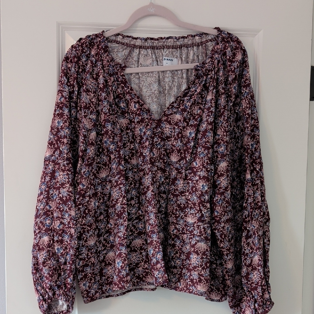 Old Navy Floral Blouse - Burgundy and Blue